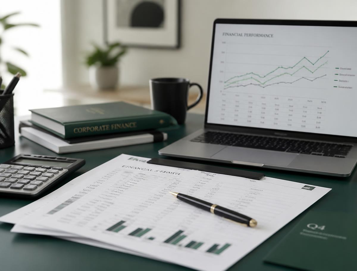 Financial statements, calculator and a laptop showing a business performance chart